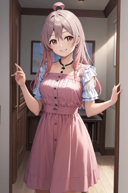 The image contains a cute anime girl with pink hair and brown eyes. She is wearing a cute pink dress with white sleeves. She has a black choker on her neck. She is standing in a doorway, and she has a shy smile on her face.