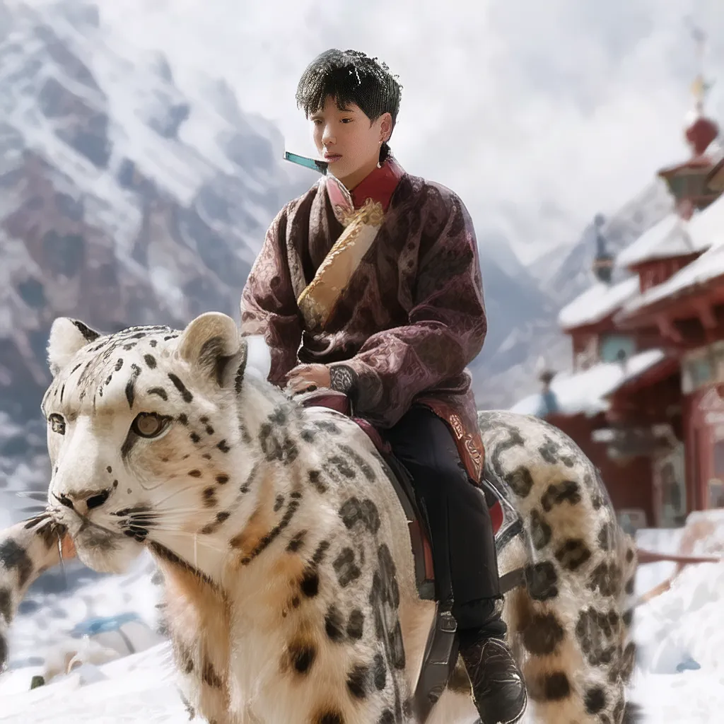 The image shows a young boy in traditional Tibetan clothing riding on a snow leopard. The boy is wearing a long red and black coat with a fur collar, and a red hat with fur earflaps and a long red scarf. He is holding a sword in his right hand and a small whip in his left hand. The snow leopard is walking on a snow-covered mountainside, and there are snow-capped mountains in the background. There is a large red and yellow Buddhist monastery on the right side of the image.