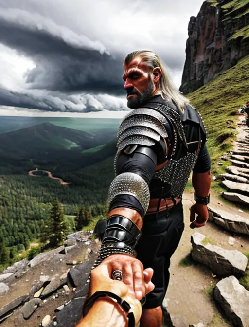 This is an image of a man holding another person's hand. The man is dressed in a black leather vest and has a sword on his back. He has a beard and long hair. The background is a mountain landscape with a stormy sky. The man is looking down at the person he is holding hands with.
