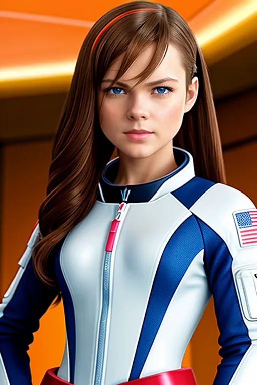 This is an image of a young girl in a spacesuit. The spacesuit is white with blue and red accents. The girl has brown hair, blue eyes, and a confident expression on her face. She is standing in front of an orange background.