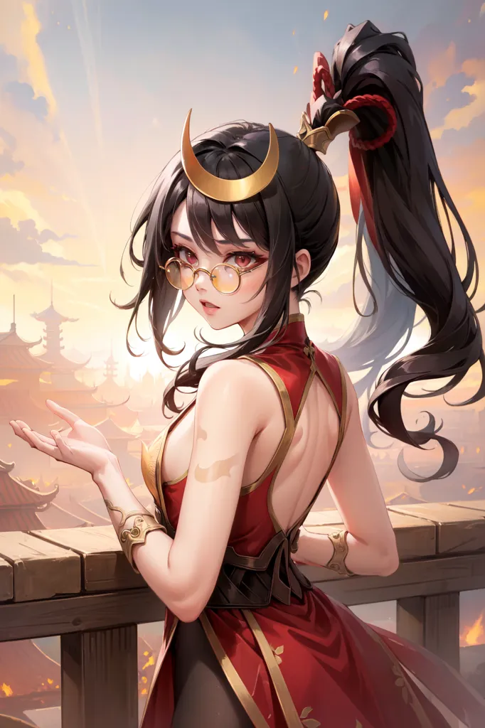 The picture shows a young woman with long black hair tied in a ponytail. She is wearing a red cheongsam with a high collar and a white apron. She has brown eyes and is wearing glasses. She is standing on a wooden balcony, with an ancient Chinese city in the background