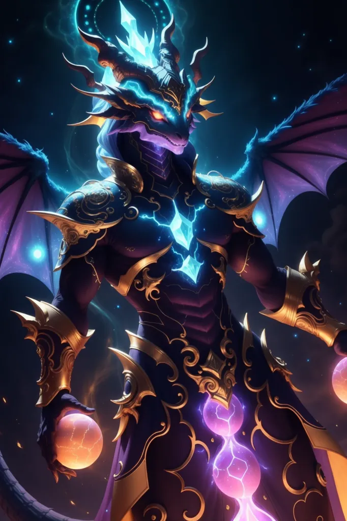 The image is of a muscular, purple-scaled dragon with long, white hair. He is wearing golden armor and has a glowing blue crystal embedded in his chest. He is surrounded by a dark background with bright, glowing blue and purple lights. He has his hands outstretched with a ball of lightning in one hand and a ball of fire in the other.