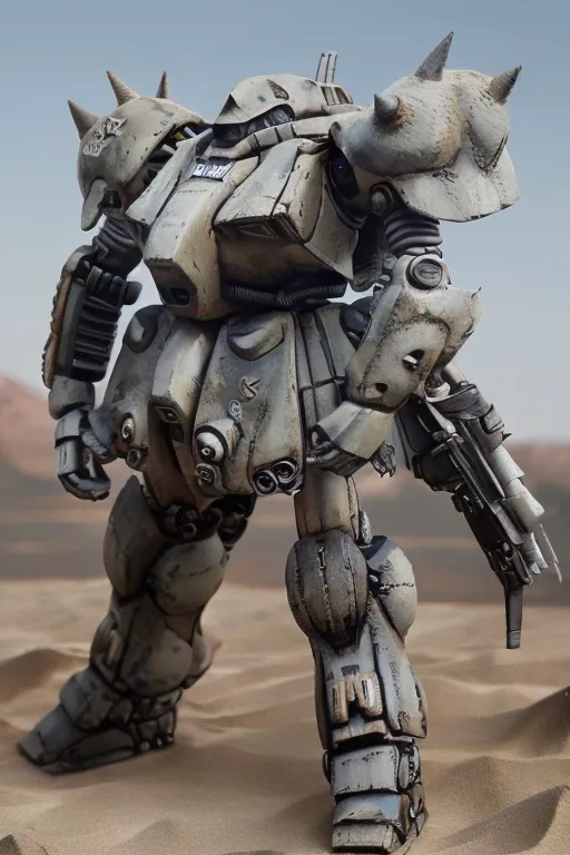 The image shows a mechanical creature, which is a fictional robot from the Gundam series. It is standing in the desert, with its head turned to the right. The robot is mainly white and gray, with some black and red details. It has a large, round body with a small head and long, thin arms and legs. The robot is also equipped with a variety of weapons, including a large gun on its right arm and a smaller gun on its left arm.