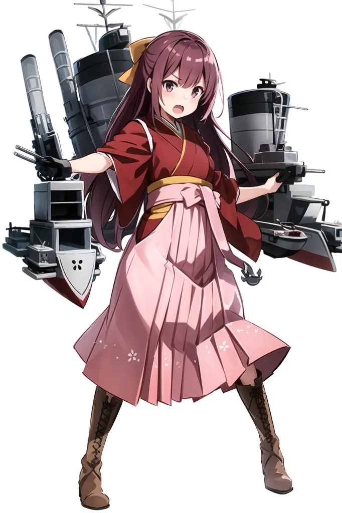 The image is of a young woman, with long purple hair and brown eyes, wearing a red and white kimono with a pink sash. She is standing in front of a large ship, with her right hand on her hip and her left hand extended. The ship has a large gun turret on each side, and there are several smaller guns on the deck. The woman has a determined expression on her face, and she seems to be ready for battle.