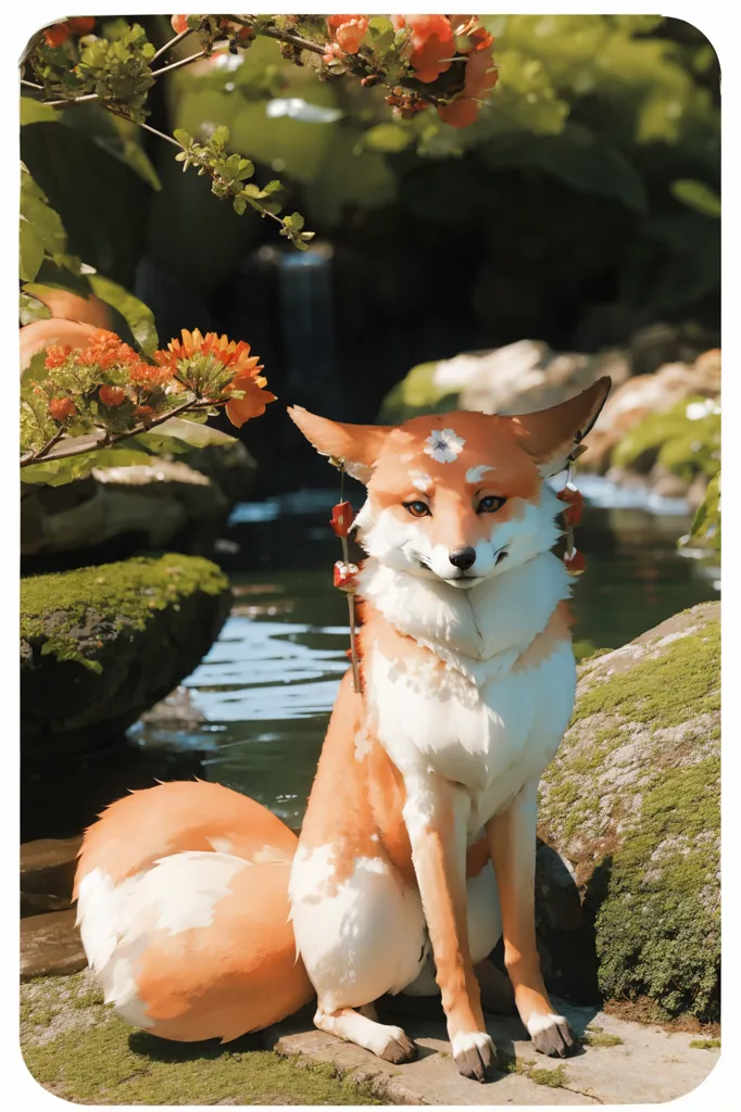 The image is of a sitting fox in a lush, green forest. The fox is mostly orange with white paws and a white-tipped tail. It has pointy ears and a black nose, and is wearing red and white beaded earrings. There are orange and pink flowers in the background and a small waterfall. The fox is looking at the viewer with a calm expression.