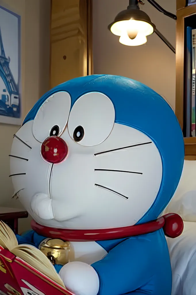 The image shows a blue and white robot cat sitting on a bed. The robot cat has a red nose and a red collar with a bell on it. It is looking at a book that is opened on its lap. There is a lamp on the nightstand next to the bed. The robot cat is Doraemon, a popular Japanese cartoon character.