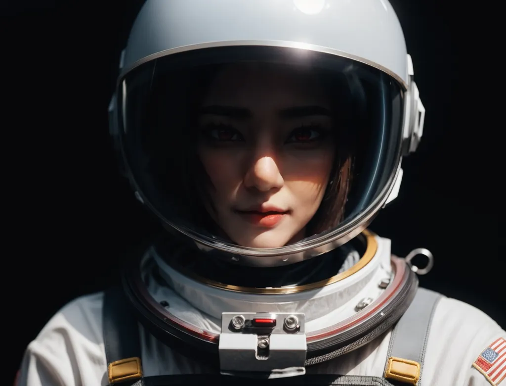 A young girl in a spacesuit is looking at the camera. She has short brown hair and brown eyes. The spacesuit is white and has a clear bubble helmet. The spacesuit has a red, white, and blue patch on the shoulder.