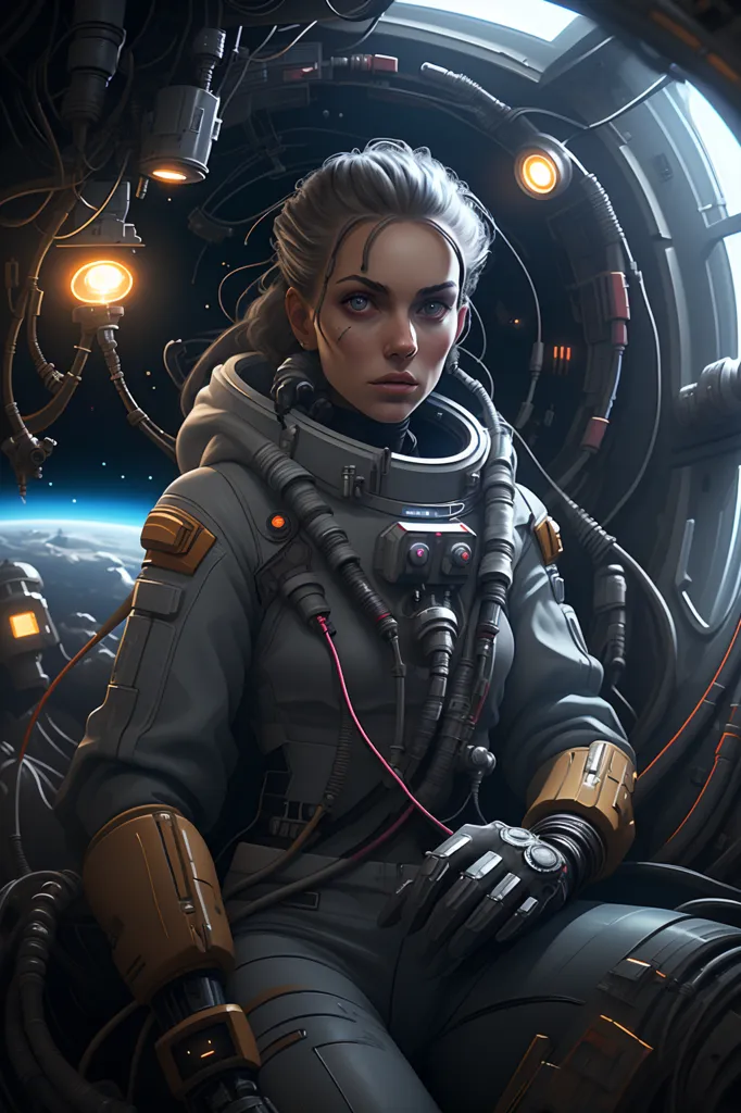 This is an image of a young woman in a spacesuit. She is sitting in a spaceship, and there is a planet in the background. The woman is wearing a light-colored spacesuit with a black undersuit. She has her hair in a ponytail, and her face is partially obscured by her helmet. She is looking at the camera with a serious expression. The spaceship is dark and metallic, and there are a number of control panels and buttons on the walls. The planet in the background is blue and white, and it is partially covered in clouds.