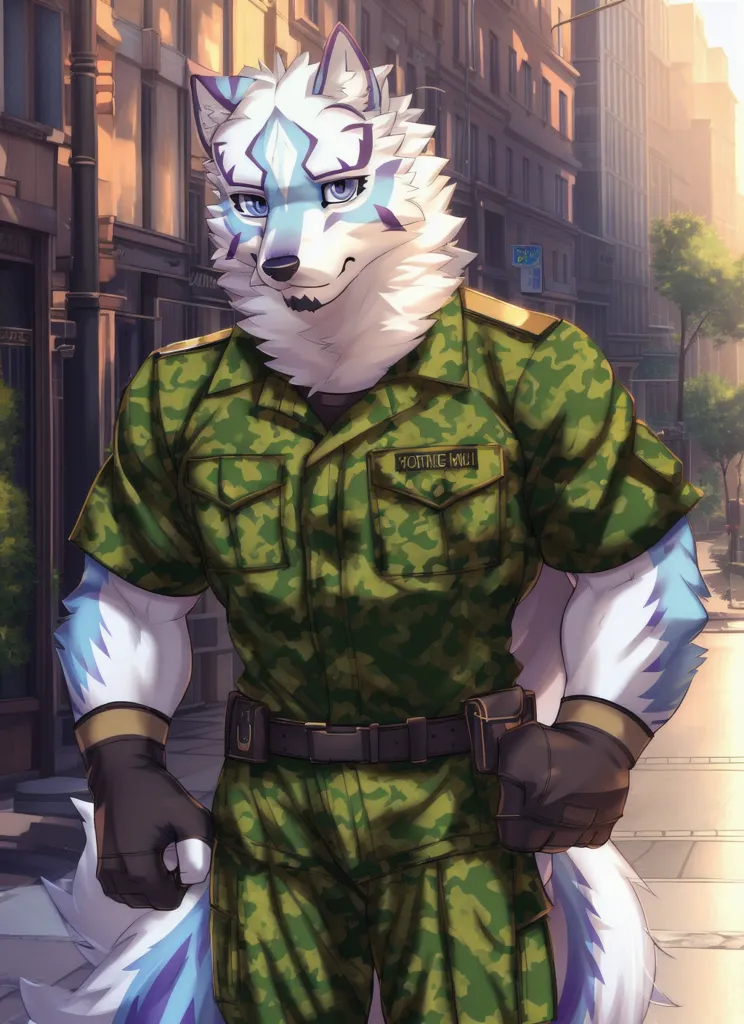 The image is of a muscular, anthropomorphic wolf in a military uniform. The wolf has white fur with blue markings on its face and paws, and blue eyes. It is wearing a green camouflage shirt and pants, a black belt, and black gloves. The wolf is standing in an urban setting, with a city street in the background.