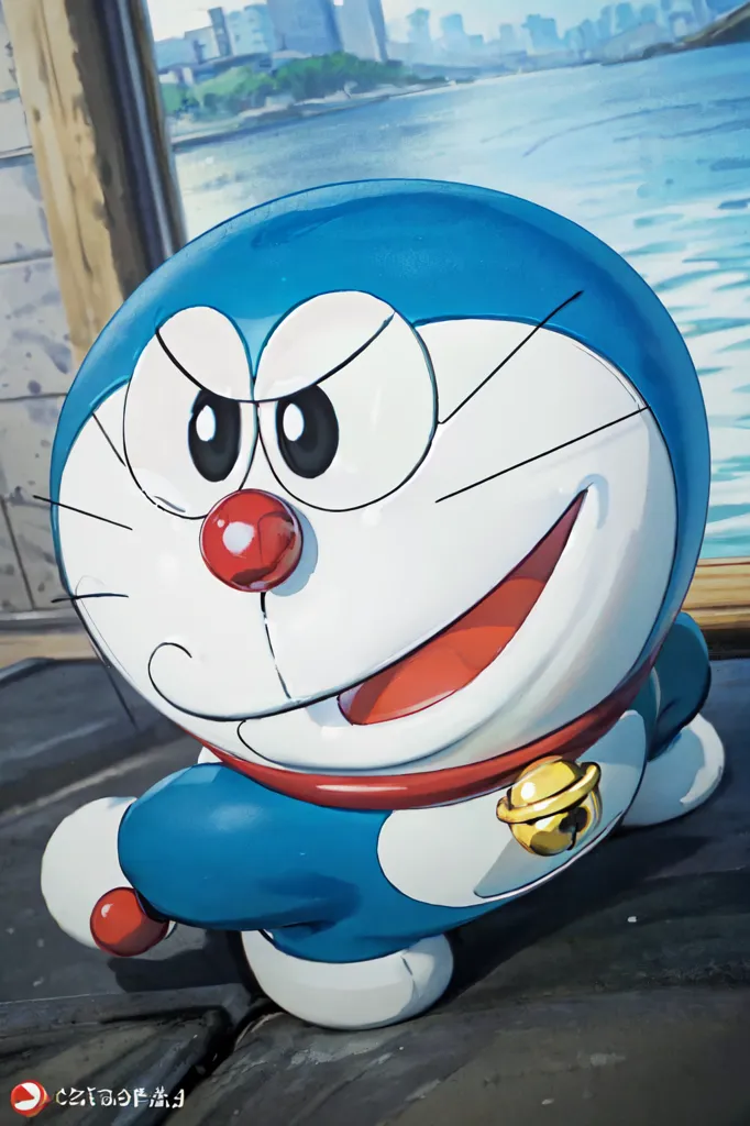 The image shows a blue and white robot cat named Doraemon. It has a red nose and a bell on its collar. It is standing on a wooden floor in front of a blue sea with a cityscape in the background. The robot cat is looking at the camera with a curious expression on its face.