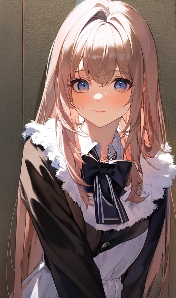 Cute anime girl with long hair and blue eyes, wearing a maid outfit, looking at the viewer, smiling, in the style of an old school style, simple background, upper body portrait, anime aesthetic, light brown and black color scheme, high resolution. --ar 71:120