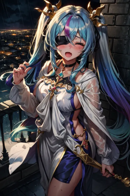 a full body photo of an anime girl with long blue hair and purple highlights, she has her bangs covering one eye while wearing white robes with navy trim and gold accents, the character is smiling mischievously as she holds up her rapier by its golden tip, on top of city walls at night time, she wears black sunglasses with dark lenses --ar 2:3