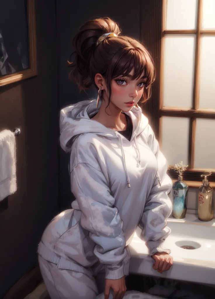 A cute girl wearing white pajamas and a gray hoodie, with her hair tied in an elegant bun, stands on the edge of a sink, looking at the viewer. She has brown eyes, long eyelashes, small lips, rosy cheeks, and a slender figure. She is depicted in the style of anime and Japanese cartoons, with digital art techniques. It is a full body portrait with natural lighting and warm tones. --ar 23:32