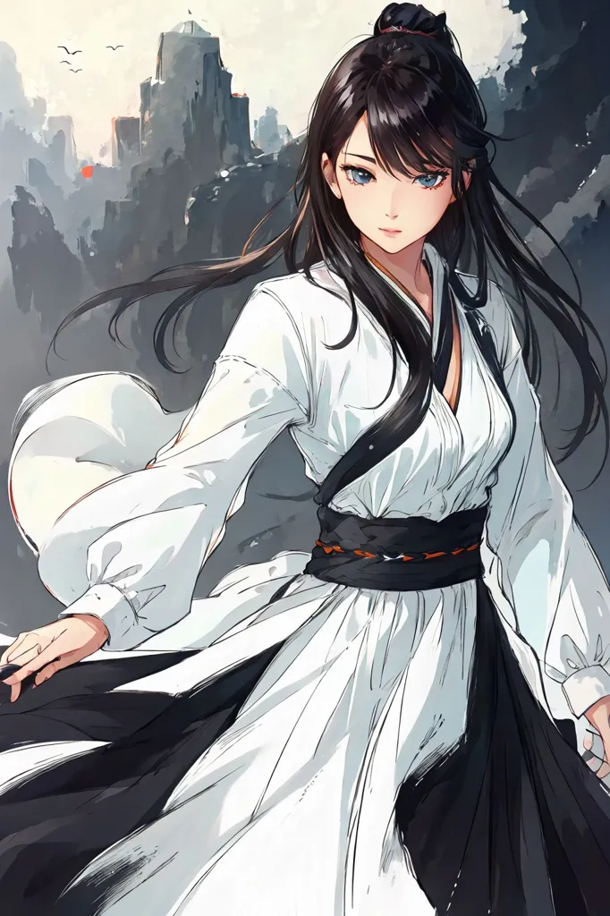 Anime girl with long black hair and blue eyes in a white Hanfu dress in the style of Chinese style . The cartoon character design is in the style of Chinese painting with a city background. The anime art style is an anime illustration with high resolution, quality, and detail. It is a masterpiece with high definition and pixel count. --ar 85:128