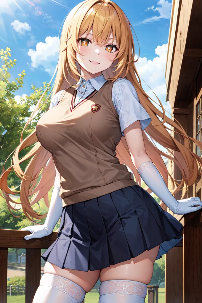 A plump and cute girl with long golden hair, wearing an oshare kei outfit of a light brown top and navy blue skirt, grey stockings, smiling expression, detailed face, anime style character design, in the style of [Makoto Shinkai](https://goo.gl/search?artist%20Makoto%20Shinkai), 2D game art style, detailed background of a school playground, high resolution, full body portrait, exquisite  details, charming posture, white gloves on hands, in --ar 85:128