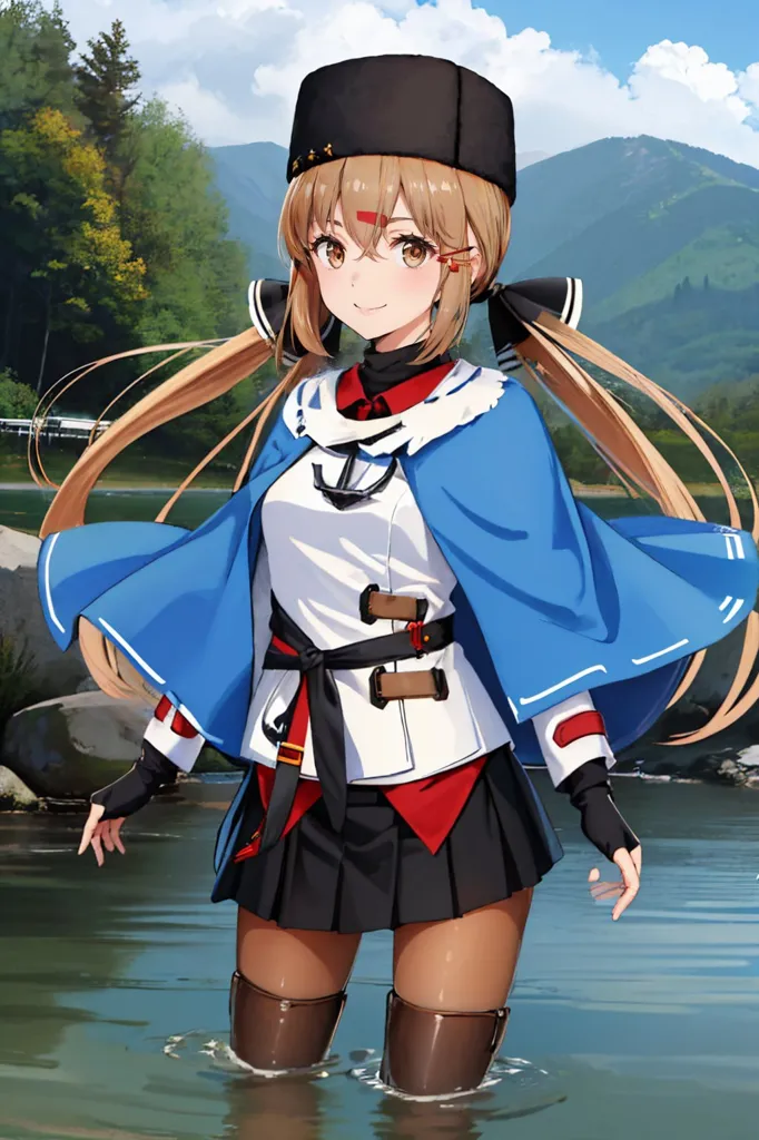 A young girl with long hair, wearing a Japanese school uniform and blue cape, standing in the river, in the anime style, a cute cartoon character, a full body shot, front view, with a black beret on her head, a big smiling face expression, a white shirt with the collar up, a short skirt, brown boots, a red belt, a green forest background, mountains in the distance, a water reflection, bright daylight, in the anime art style. In the style of Kakegurui wreath. --ar 85:128