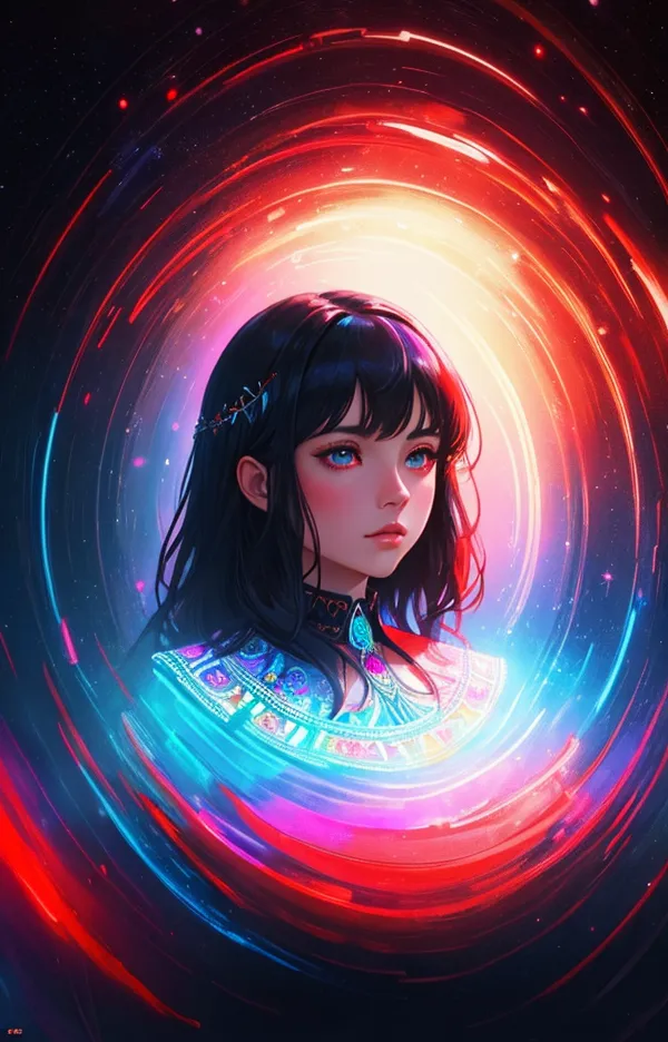 A cute girl is depicted in an anime style, wearing colorful ancient Egyptian  and hair ornaments with black straight bangs, surrounded by circular light effects, creating a vibrant atmosphere. The background is dark red, blue and purple, creating a mysterious atmosphere. The illustration showcases bright colors and a dreamy effect. Anime Style Illustrations, in the style of [Artgerm](https://goo.gl/search?artist%20Artgerm). --ar 25:39