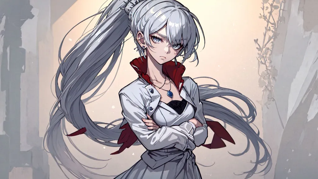 A girl with silver hair, wearing an elegant white dress and red collar coat, stands in the style of Japanese anime illustrations. She has long hair tied behind her back in two ponytails, blue eyes, delicate facial features, and hands crossed over her chest. The background is light gray and white, creating a mysterious atmosphere. Her expression exudes confidence and self-assurance in a style that matches her appearance. --ar 16:9