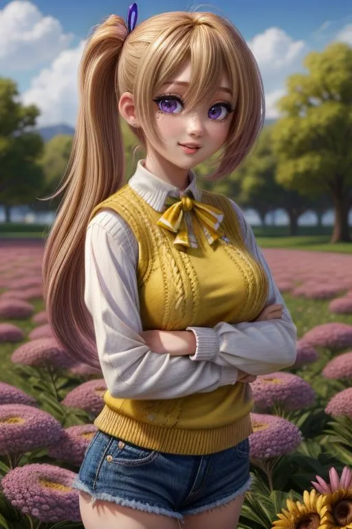 A cute girl with long blonde hair in pigtails, blue eyes and purple eyeliner wearing an unbuttoned yellow sweater vest over her white shirt with the sleeves rolled up to her torso, denim shorts and light brown shoes standing on a flower field, in the style of anime. --ar 2:3