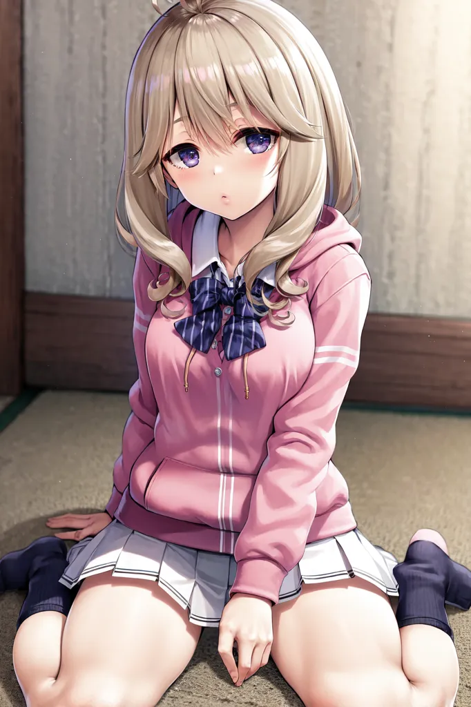 Cute anime schoolgirl wearing a pink sweater and white skirt, blue socks, blonde hair with bangs, purple eyes, kneeling on the floor in her room, looking at the camera in a cute pose, closeup of her upper body, high resolution. --ar 85:128