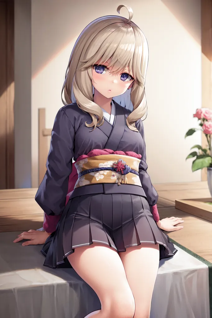 A young woman with blonde hair and blue eyes, wearing an anime-style outfit of a dark gray short-sleeved kimono in the style of Kaito Sien, sitting on top of a table with her legs crossed. She has a pink ribbon tied around one leg and is smiling at the camera. The background features a simple interior setting with wooden furniture and flowers in vases. --ar 85:128