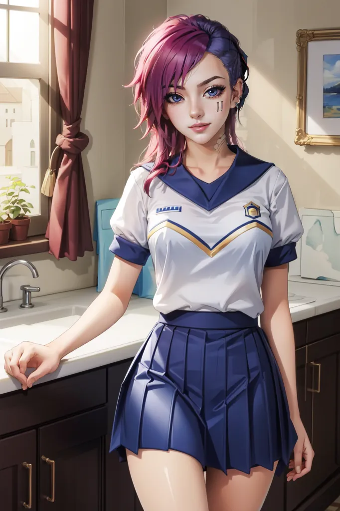 A girl with purple and pink hair in the kitchen wearing an athletic uniform, with a blue and white shirt, a navy skirt, shorts, sneakers, makeup, a cute face, in the style of Kawaii style, in an anime art style, smiling, in a beautiful pose, standing at home. --ar 85:128