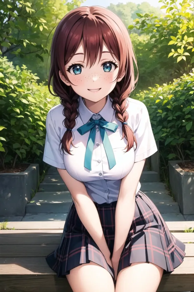 Cute anime schoolgirl wearing a white shirt and plaid skirt, with a blue ribbon on her chest, sitting in the park, in a full body portrait, with brown hair in braids, and light freckles on her face, smiling, with big beautiful eyes and big lips, in the style of anime. --ar 85:128