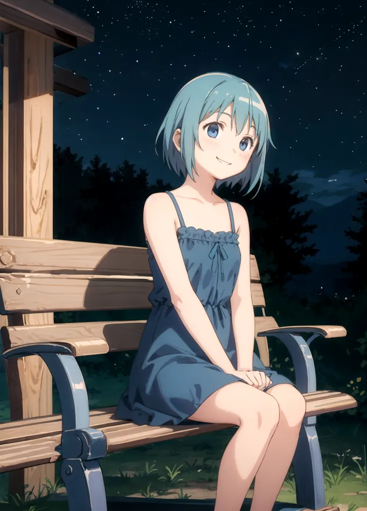 A cute girl with blue hair sitting on a bench, smiling at me. The background features an outdoor night scene with stars in the style of anime. She has delicate facial expressions and bright eyes. Her simple yet elegant  complements her youthful appearance. --ar 23:32