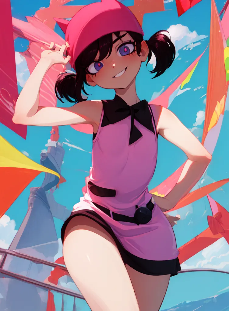 A cute girl with purple eyes and black pigtails in pink cap, short sleeveless dress, posing for camera, Eiffel tower on background, colorful kites flying around, by [Katsuhiro Otomo](https://goo.gl/search?artist%20Katsuhiro%20Otomo) + [Jean Giraud](https://goo.gl/search?artist%20Jean%20Giraud), style of an old anime from the '80s, masterpiece, high quality, high resolution, colorful, vibrant colors, bright sky blue, bright orange, bright yellow, bright red, bright green, bright violet, bright teal, bright magenta, vibrant colors, colorfull background, beautiful composition, best quality --ar 47:64