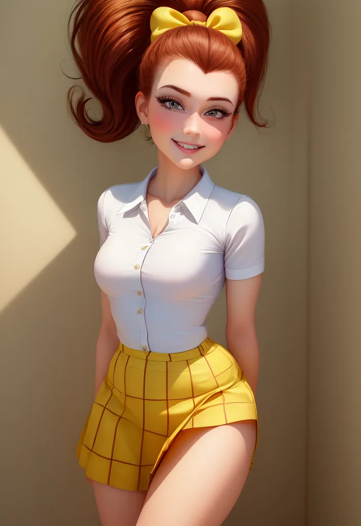 Cute girl wearing a white shirt and yellow checkered skirt, with red hair in a ponytail and a bow on top of her head, smiling in the style of Disney Pixar. A 3D rendering cartoon full body portrait in a cute pose with high definition, bright colors, a simple background, soft lighting, natural light, warm tones, and a lively expression. --ar 11:16