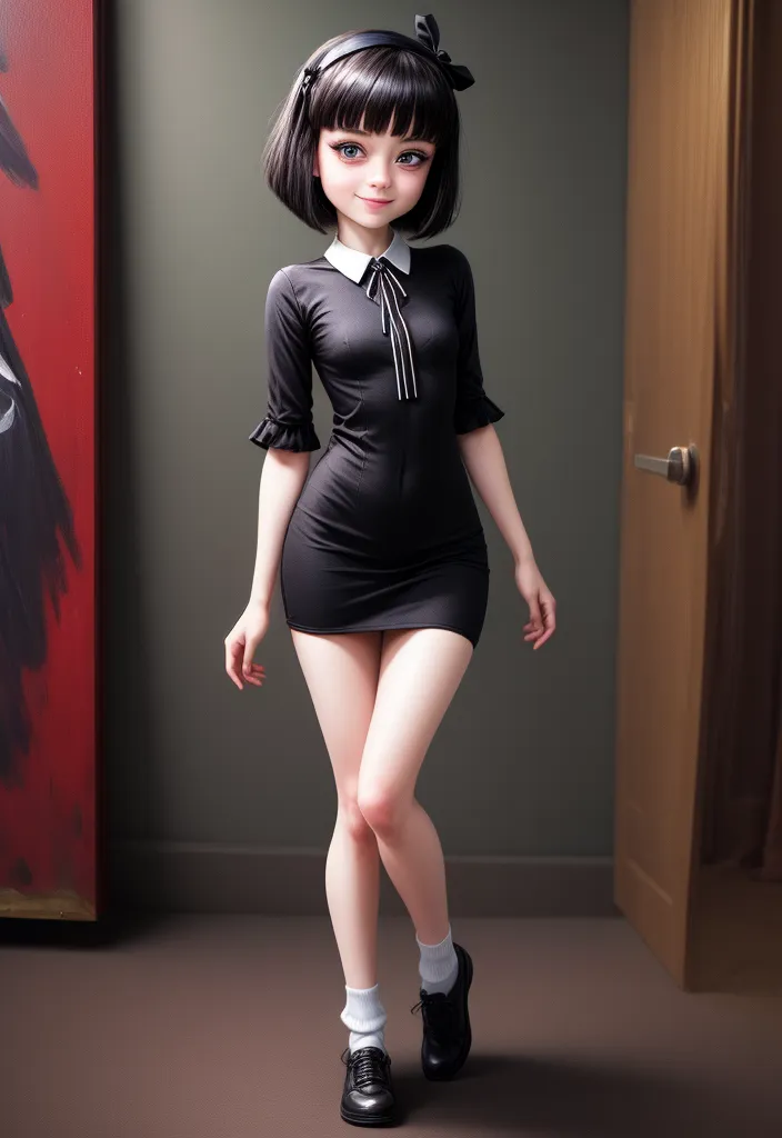 A cute girl with short black hair, big eyes and white skin in the style of Japanese anime wearing an all-black bodycon dress. She is standing up full length with high heels on her feet. Her skirt falls to the mid thigh area, she wears socks that cover half of one leg and shoes. Her expression should be smiling slightly, she stands inside of a room facing towards the camera. The background behind her shows dark gray walls, there's red decoration at the door frame. --ar 11:16