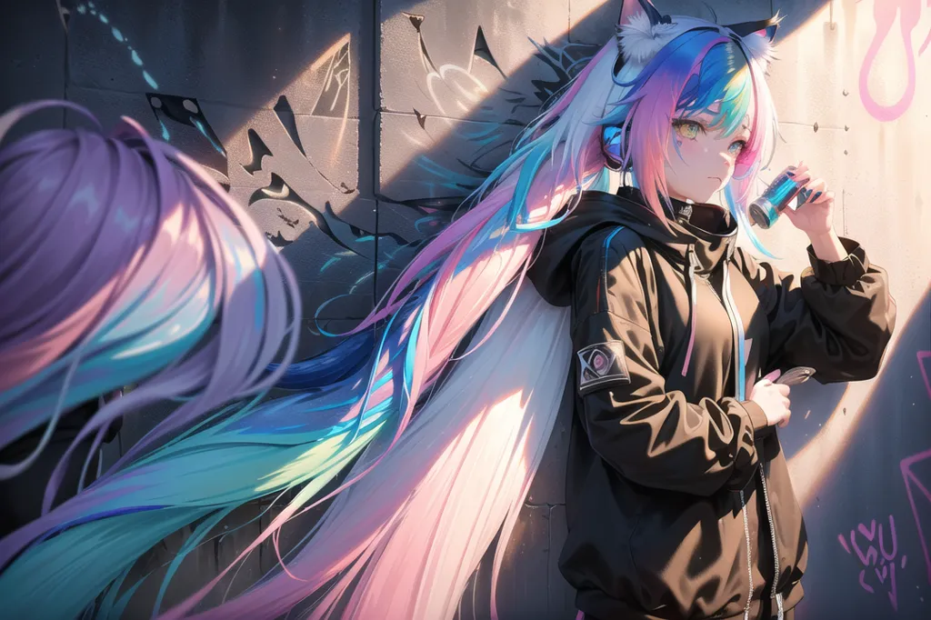 A beautiful anime girl with long pastel hair and cat ears wearing an oversized black hoodie. She is standing in front of a wall covered in graffiti while holding onto her silver can bottle of energy drink. She has one hand on the side pocket of her jacket and looks at us wistfully in the style of anime. She has colorful hair, long hair with long pink, blue and purple streaks that reaches her waist. Her hair is long and straight, flowing long like pigtails. She has an anime aesthetic as a cute anime character with an anime profile picture. --ar 128:85