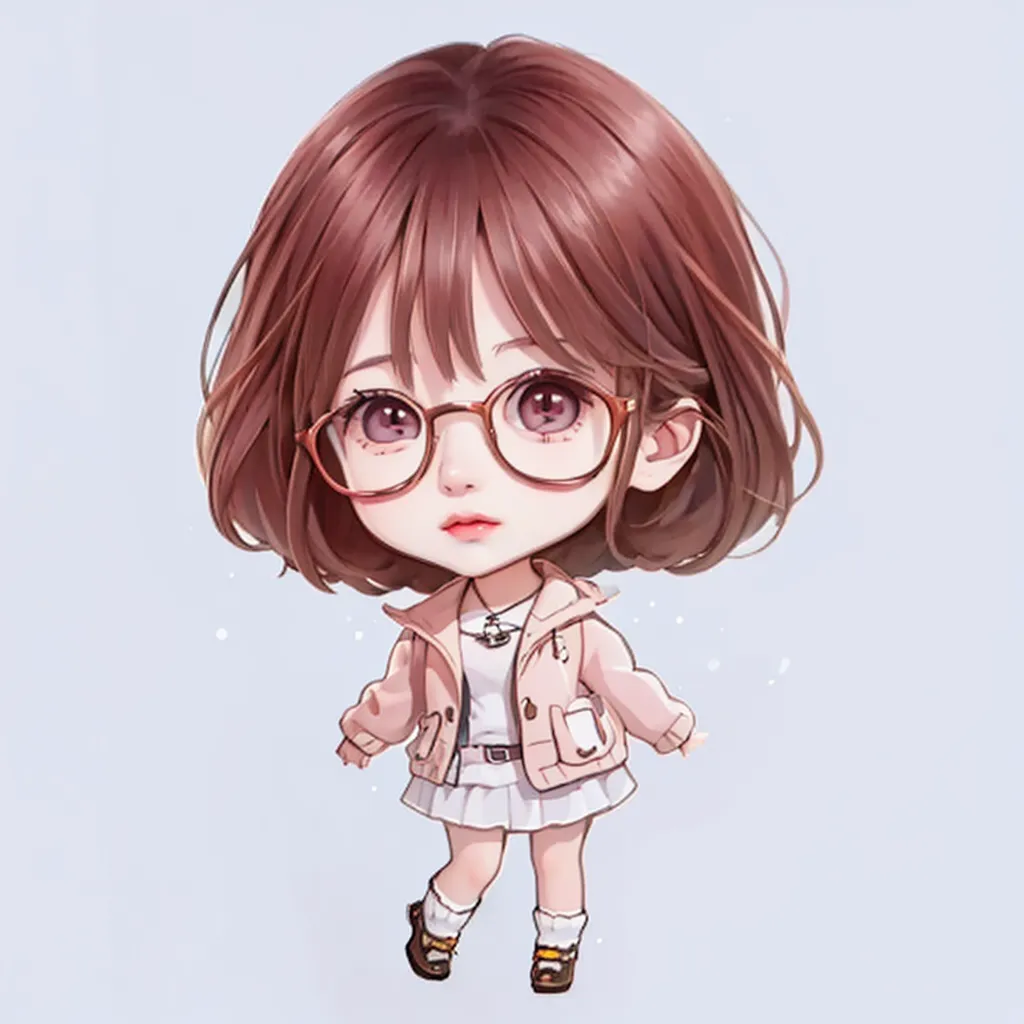 A cute girl with brown hair and glasses, wearing an oversized jacket over her white dress. She has short bobbed hair and is smiling softly as she stands on the ground against a light blue background. The illustration style should be chibi anime cartoonish, featuring soft colors and detailed facial expressions. Her outfit includes pink accents for cuteness. 