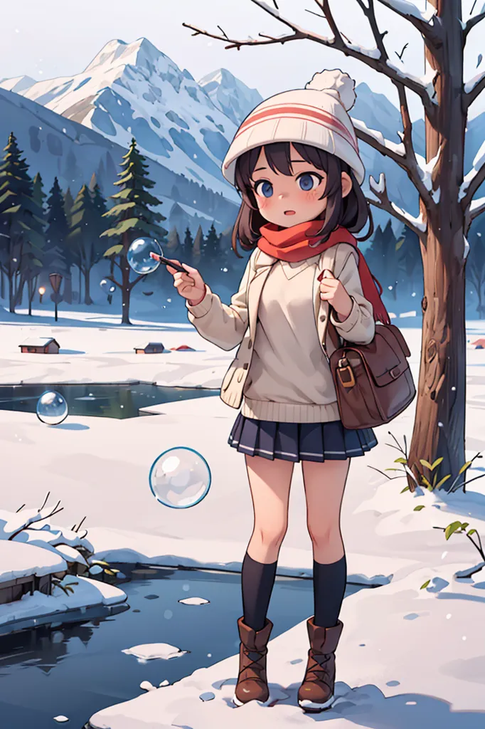 In winter, in the snow of an outdoor valley with trees and water ripples on both sides, there is a beautiful girl wearing a short skirt, white hat, red scarf around her neck and holding a bubble wand blowing bubbles. She has big eyes, long black hair, brown boots, a sweater and handbag. In front of her was snowy mountains, surrounded by pine forests, and behind it were towering pines. This scene presents in the style of anime, exuding a strong sense of manga aesthetics. --ar 85:128