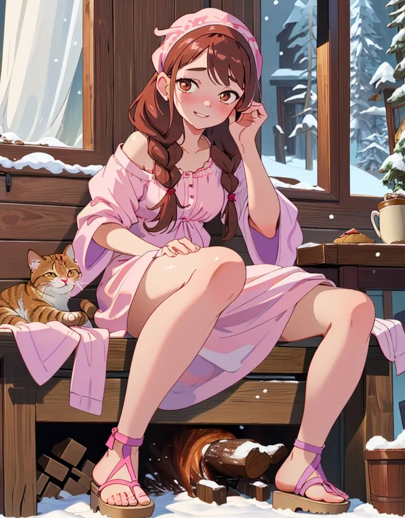 A cute plump brown-haired girl in a pink nightgown and headband is sitting on a bench near her wooden house. She has a big smile and long pigtails. A cat is lying nearby. It is in the style of an anime, with a full body portrait against a winter background. The girl has detailed face features and is wearing shoes with high heels and showing her beautiful legs. --ar 25:32