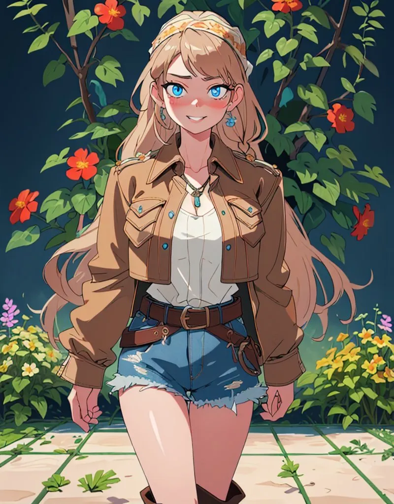 Cute anime girl with long blonde hair and blue eyes, wearing an oversized brown jacket over her white shirt and denim shorts, standing in front of flowers on the ground, smiling at the camera, in the style of A76945280fc3dba7fd4e3 dback10b/, in the style of [Artgerm](https://goo.gl/search?artist%20Artgerm), official art style, detailed character illustrations, in a Kawaii manga style, high resolution --ar 25:32