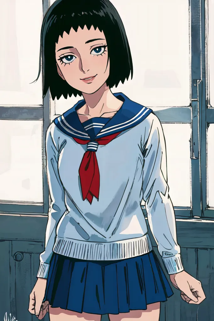 A cute girl with short black hair, wearing a blue and white sailor uniform sweater over a long sleeve shirt and pleated skirt in the style of [Katsuhiro Otomo](https://goo.gl/search?artist%20Katsuhiro%20Otomo)'s Akira anime movie in the style of A1 Pictures, depicting her standing in front of an open window. She has light brown skin, big eyes, and is smiling at the camera. The background shows dark grey walls and wooden floorboards. Her outfit includes a navy pinafore dress underneath a red ribbon wrapped around her waist that covered her chest. It also features high-waisted shorts. --ar 85:128