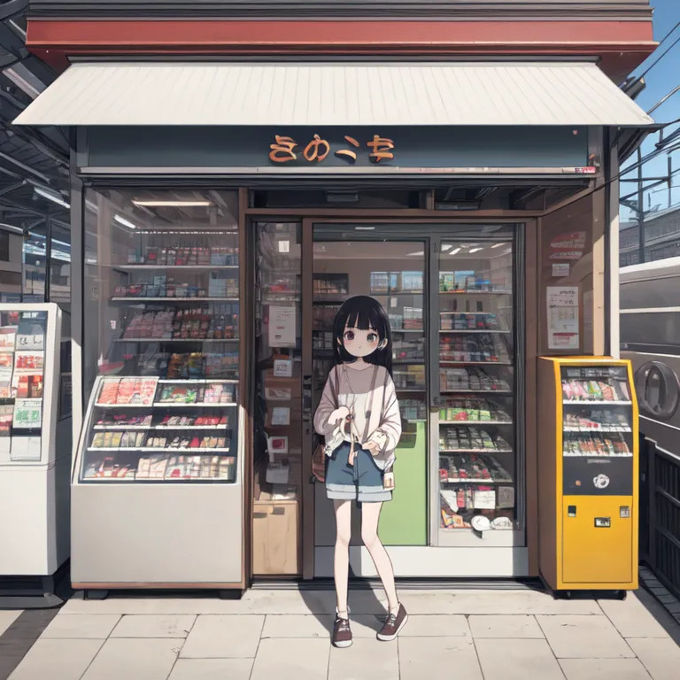 The anime standing in front of the convenience store entrance is an Asian girl wearing short sleeves and shorts with black hair, in a cute style, with a simple background, in the style of Shinkai Makoto. It has an anime aesthetic. The overall composition has a strong sense of space, creating a lively atmosphere of high-definition anime visuals. It features a flat animation style with bright colors and clear details. Standing outside the door, waiting for customers to enter. 