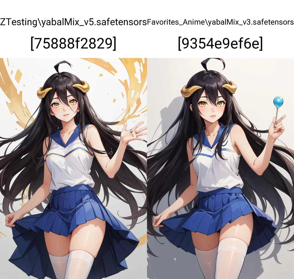 Z saturating Anime ybro seif amazing, original artwork of the same girl in both photos. The left photo shows her dressed as an anime schoolgirl with long black hair and blue skirt. She is waving at someone while holding up two fingers on one hand. In the right photo she has yellow bandana around head. Both images have text \