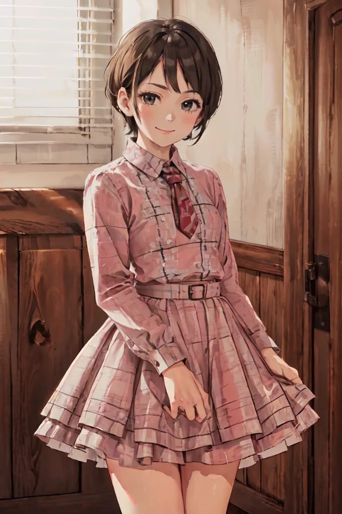 Cute anime girl wearing a plaid skirt in a full body shot, in the kawaii style with short hair and brown eyes, smiling and shyly looking at the camera, in an old wooden house room with warm light and pastel colors, digital art in the style of [Makoto Shinkai](https://goo.gl/search?artist%20Makoto%20Shinkai). --ar 85:128