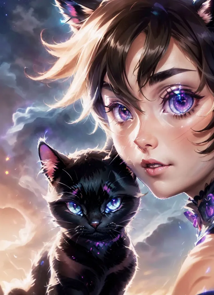 A cute girl with short hair and purple eyes holding her black cat, in the style of anime, with a fantasy background. The sky is full of magic clouds. Magic blue light is on the cat's face, with a purple glow in his ears. In the style of anime, with purple glowing accents. The painting is hyper detailed, with vibrant colors. It is a digital painting that trended on ArtStation. The focus is sharp, like a studio photo shot. --ar 93:128