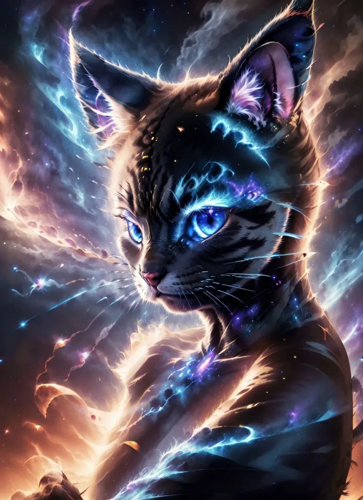 A fantasy art style picture of an anthropomorphic cat with glowing blue eyes. He is surrounded by magical energy and lightning in the sky. His fur glows black, he has short hair on top but a long fluffy tail. He's wearing  made from starry nebulae. Vibrant colors, cinematic lighting and sharp focus are used in a high resolution style. --ar 93:128