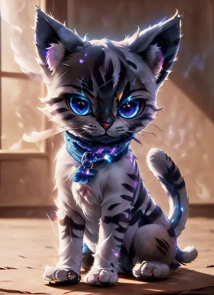 kitten, in the anime style, cute cat with blue glowing eyes and white fur with black stripes, wearing an electric scarf around its neck, sitting on the floor, with an anime background, in the fantasy art style, cartoon realism, high resolution, full body portrait, in the game character design style, colorful animation stills, with silver and purple tones, light brown and dark gray --ar 93:128