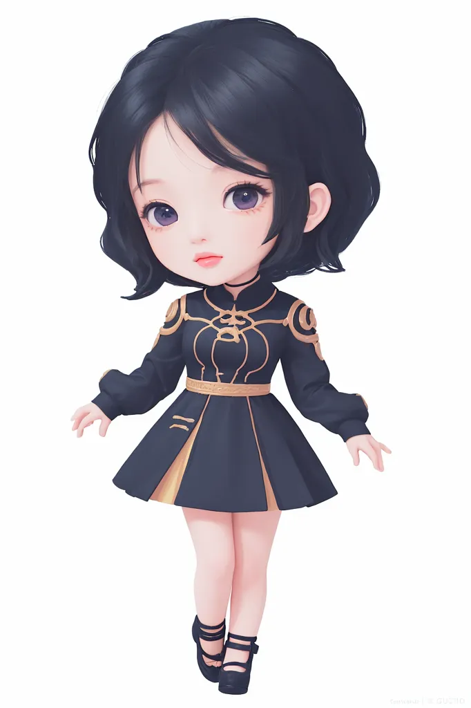 Chibi style chibipunk girl with black hair wearing an elegant short dress in a full body shot on a white background, digital art in the style of [Kawacy](https://goo.gl/search?artist%20Kawacy), 2D game art --ar 85:128