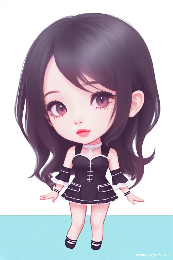 Chibi style, dark hair and black dress with white accents on the shoulders, cute pose, pure background, character design, 2D game art style, anime, Kawaii neko girl wearing miniskirt, high quality, detailed facial features, colorful costumes, front view, blue tones, simple solid color background, in the style of chinees anime. --ar 85:128