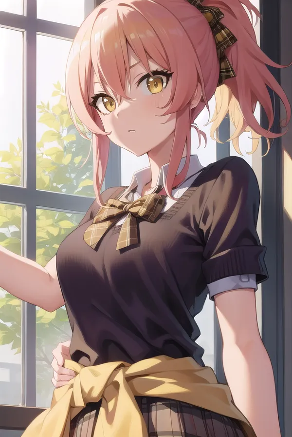 The anime features a cute girl with pink hair and yellow eyes wearing a black short-sleeved shirt with brown suspenders tied at her waist. The background shows an outdoor window of high school students during class, with the girl looking towards the camera and smiling. It is a closeup shot in the style of [Hayao Miyazaki](https://goo.gl/search?artist%20Hayao%20Miyazaki). The visuals have high definition with detailed character designs and charming characters. --ar 75:112