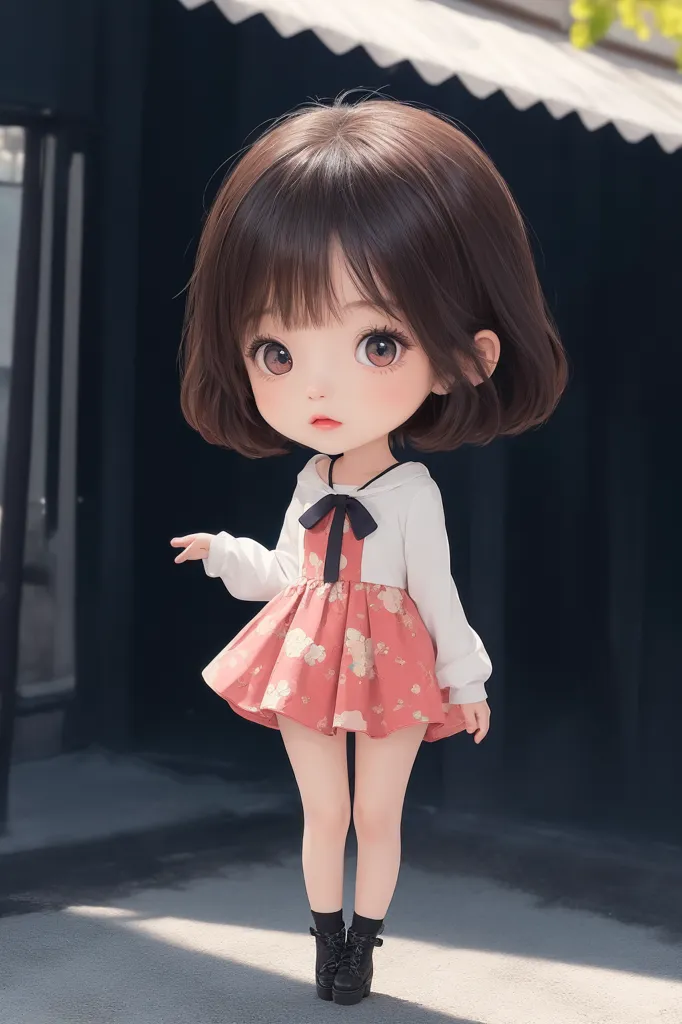 Cute girl doll with short hair, wearing a pink skirt and white long-sleeved shirt, black high heels, big eyes, a cute face, smiling, natural light, a solid color background, standing posture, a cute style in the style of anime, an anime aesthetic, a full body portrait, high definition photography, a cute cartoon character design in the style of anime, super detailed skin details. --ar 85:128