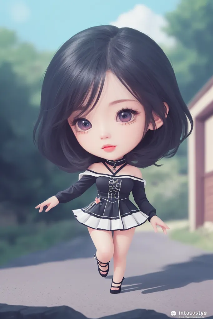 Cute chibi girl with black hair, wearing a short skirt and high heels, with big eyes, in a full body shot, in the cartoon style, with a simple background, digital art in the style of [Artgerm](https://goo.gl/search?artist%20Artgerm), cute anime characters, 3d character design, in a chibii style, fantasy art, cute little shoes, soft lighting, with a detailed  design, standing on the road, with super details, on a solid color background, full of vitality, with black eye outlines, black eyeliner, pink blush, dark blue eyeshadow, in --ar 85:128