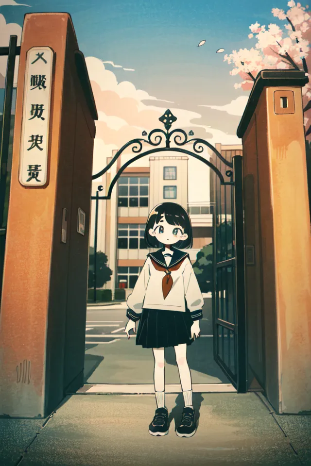 The anime features a Chinese girl with black hair and white skin wearing a school uniform. She is standing in front of the high door gate at her high school. The background shows an outdoor scene during daytime, creating a simple yet beautiful atmosphere with flat illustrations and ultrahigh details. In the style of Shinkai Makoto, with colorful cartoon characters, simple backgrounds, and flat colors. High resolution. --ar 2:3