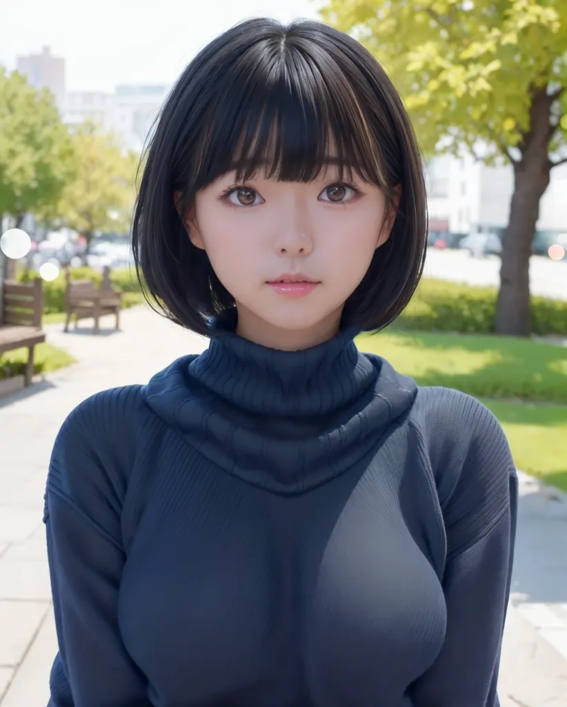 A pretty Japanese girl with a bob cut hair style and bangs wearing a black turtleneck sweater in the park. She has a feminine body with wide hips and an anime-inspired facial expression. She is looking at the camera with extreme details in her eyes. It is a full shot of her. --ar 51:64